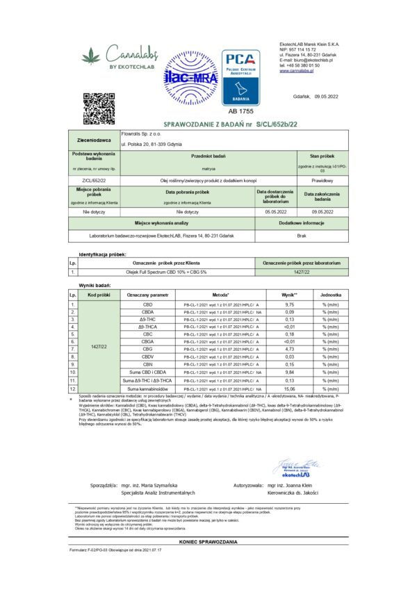 Olejek Konopny Full Spectrum CBD 10% + CBG 5% - Image 3